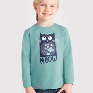 Mayoral Aqua Long Sleeve Tee with Cat Graphic